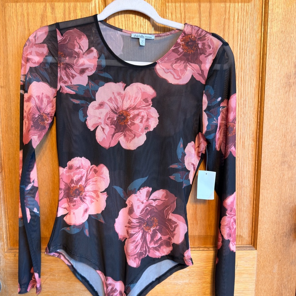 Charlotte Russe Black and Pink Floral Bodysuit